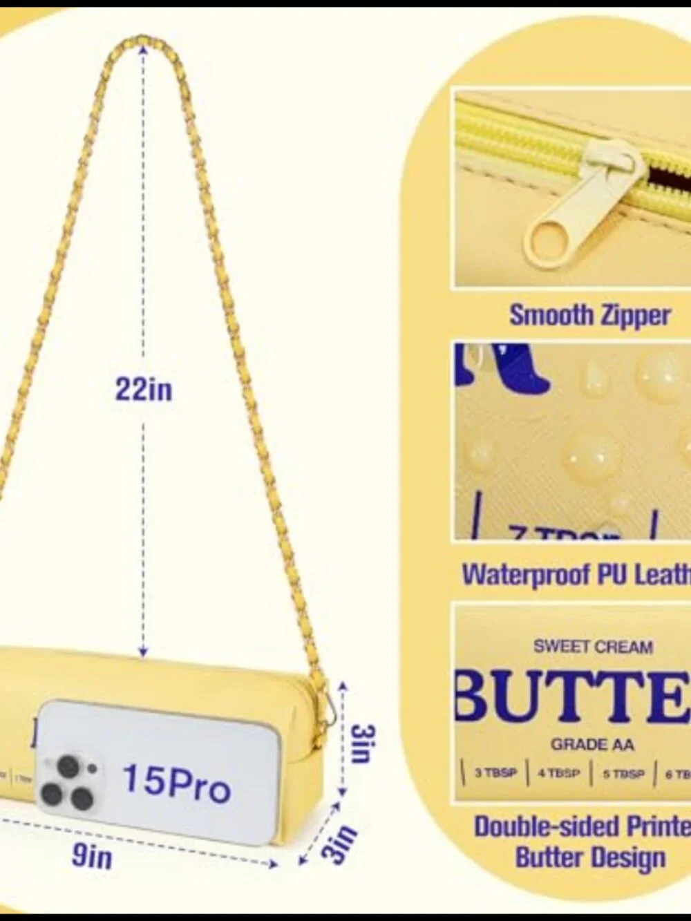 Funny Butter Stick Crossbody Bag PU Leather Shoulder Purse Gold Chain